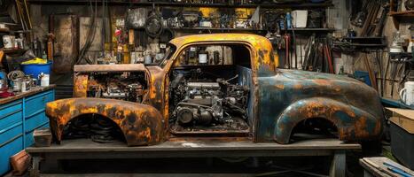 Old, rusted car in a cluttered workshop, showcasing an industrial atmosphere filled with tools and parts. photo