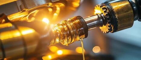 Close-up of a lathe machine cutting metal, with illuminated gears and oil flowing, showcasing precision engineering in action. photo