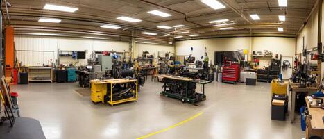 A spacious workshop filled with various tools and equipment, showcasing a well-organized industrial environment. photo