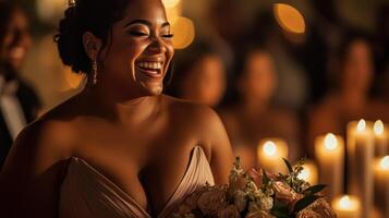 A joyful woman in a wedding setting, surrounded by candles, holding a bouquet and smiling brightly. photo