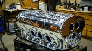 Shiny chrome engine block displayed in a workshop, showcasing detailed craftsmanship and industrial setting. photo