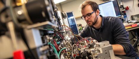 A technician works intently on a complex machine, surrounded by wires and tools, in a modern lab environment. photo