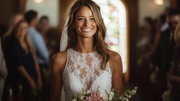 A smiling bride in a lace wedding dress holds a bouquet, surrounded by guests in a charming venue with stained glass windows. photo