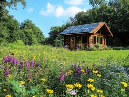 A charming wooden cabin with solar panels is surrounded by vibrant wildflowers and greenery under a clear blue sky. photo