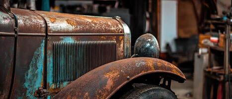 Rusty vintage car close-up showcasing detailed textures and colors in a workshop setting. photo