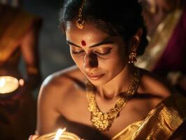 A woman in traditional attire holds a candle, adorned with jewelry and a bindi, surrounded by softly lit ambiance during a cultural celebration. photo