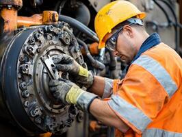 A worker in safety gear repairs heavy machinery, focusing on a mechanical component with precision and care in an industrial setting. photo