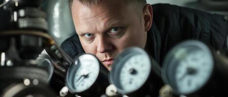 A focused technician examines gauges in an industrial setting, showcasing precision and expertise in mechanical work. photo