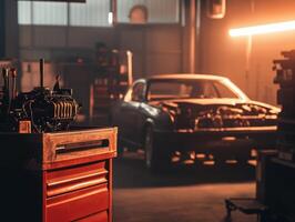 A dimly lit garage featuring a workbench with an engine and a vintage car in the background, creating a nostalgic automotive atmosphere. photo