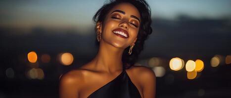 A smiling woman poses against a blurred city background, showcasing elegance and confidence during twilight. photo