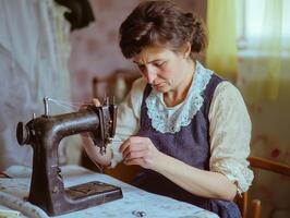 Emotional Value Concept. A woman carefully sews with a vintage sewing machine in a cozy, softly lit room. photo