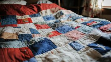 Emotional Value Concept. A colorful patchwork quilt draped over a bed, showcasing various fabric patterns in warm tones and textures, creating a cozy atmosphere. photo