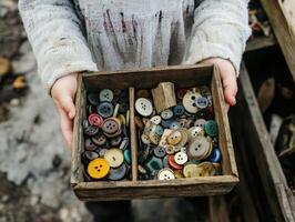 Emotional Value Concept. A person holds a wooden box filled with various colorful buttons, showcasing a collection of different shapes and sizes. photo