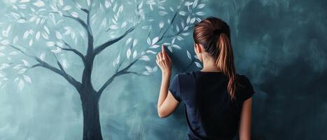 Emotional Value Concept. A person painting a tree mural on a wall, showcasing creativity and artistic expression in a serene environment. photo
