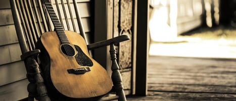 Emotional Value Concept. An acoustic guitar rests on a rocking chair on a porch, capturing a serene, rustic atmosphere in soft natural light. photo