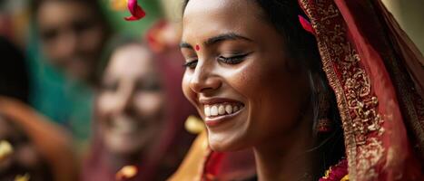 A smiling woman wearing traditional attire, surrounded by friends, exuding joy and festivity in a vibrant cultural setting. photo