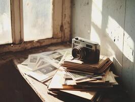 Emotional Value Concept. A vintage camera sits atop a stack of old photographs near a sunlit window, creating a nostalgic atmosphere. photo