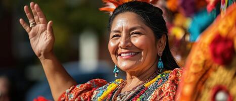 A smiling woman in colorful traditional attire waves joyfully, surrounded by vibrant decorations, capturing a festive cultural celebration. photo