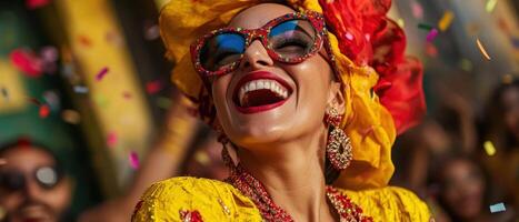 A joyful woman in vibrant attire and sunglasses is celebrating with confetti, exuding happiness and energy at a lively event. photo
