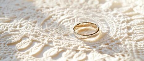 Emotional Value Concept. A simple gold ring resting on delicate lace fabric, symbolizing love and commitment in a serene setting. photo