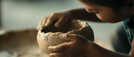 Emotional Value Concept. A child shapes a clay bowl, highlighting creativity and craftsmanship in pottery. The focus is on hands working with natural materials. photo