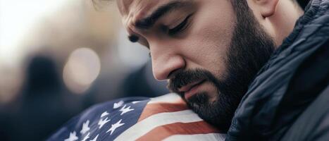 Emotional Value Concept. A man embraces a person draped in an American flag, conveying strong emotions and a sense of unity during a poignant moment. photo