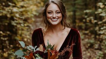A woman in a velvet dress smiles while holding a bouquet in a beautiful autumn forest setting. photo