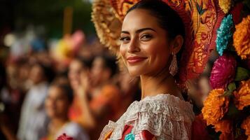 A woman smiles while wearing a colorful traditional outfit and a large decorative hat, surrounded by a vibrant, festive crowd. photo