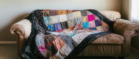 Emotional Value Concept. A cozy sofa adorned with a colorful patchwork quilt, creating a warm and inviting atmosphere in a well-lit living space. photo