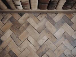 Emotional Value Concept. Herringbone-patterned wooden floor with vintage books in the background. photo