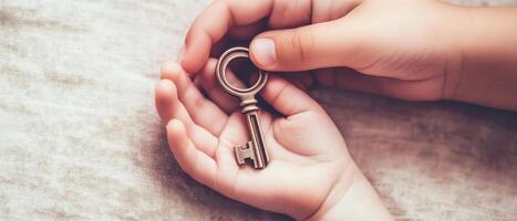 Emotional Value Concept. A child's hands gently hold a vintage key, symbolizing curiosity and the unlocking of potential or secrets. photo