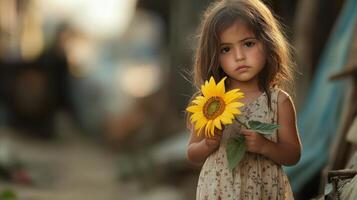 Emotional Value Concept. A young girl holds a vibrant sunflower, looking thoughtfully at the camera in a rustic outdoor setting. photo