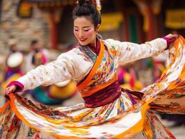 A dancer in vibrant traditional attire twirls gracefully, showcasing colorful fabrics against a lively backdrop of celebration. photo