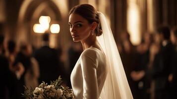 Elegant bride in a wedding dress, holding a bouquet, captured in a softly lit venue with guests in the background. photo
