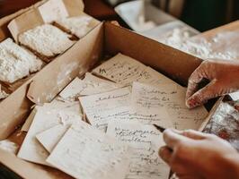 Emotional Value Concept. Old handwritten notes are sorted in a cardboard box, surrounded by flour or baking ingredients, showcasing a nostalgic atmosphere. photo