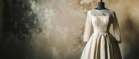Emotional Value Concept. Elegant vintage wedding dress displayed on a mannequin against a textured, neutral background, showcasing intricate lace details and soft fabric. photo