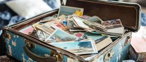 Emotional Value Concept. A vintage suitcase overflowing with assorted photographs, evoking nostalgia and memories of past travels and experiences. photo