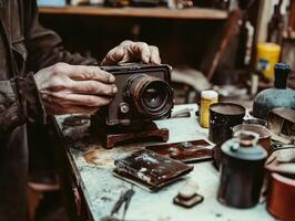 Emotional Value Concept. A person is repairing a vintage camera on a cluttered workbench surrounded by various tools and containers. photo