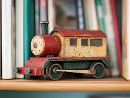 Emotional Value Concept. A vintage toy train resting on a bookshelf surrounded by colorful books, showcasing nostalgia and childhood memories. photo