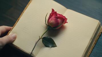 Emotional Value Concept. A hand holding a rose placed on an open book, symbolizing love, romance, and nostalgia. photo