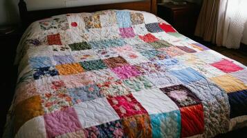 Emotional Value Concept. A colorful patchwork quilt covers a bed, showcasing various fabric patterns and textures in a cozy bedroom setting. photo