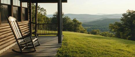 A serene porch with rockers overlooks a vast, green landscape and distant mountains under a warm sun, providing a peaceful retreat in nature. photo
