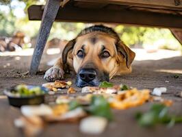 A dog lying under a table, looking curiously at scraps of food scattered on the ground. photo