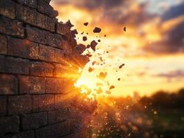 Dramatic Sunset with Crumbling Brick Wall and Flying Debris Capturing the Essence of Destruction and Renewal photo