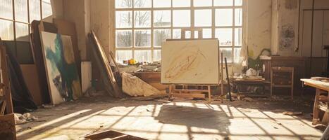 A sunlit artist's studio with an easel, scattered canvases, and a creative atmosphere, showcasing the beauty of artistic space. photo