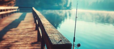 A serene lakeside pier with a fishing rod, surrounded by misty trees and calm waters, evoking tranquility and nature's beauty. photo