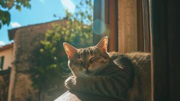 A serene cat lounging by a sunny window, basking in the warm light, surrounded by greenery and a peaceful atmosphere. photo