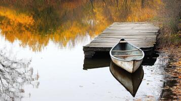 A serene scene featuring a lone boat docked at a wooden pier, surrounded by autumn foliage reflected in still water. photo