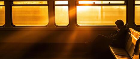A serene silhouette of a person sitting on a train, bathed in warm golden sunlight filtering through the windows. photo