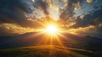 Stunning Sunrise Over Rolling Hills with Dramatic Clouds and Sun Rays Illuminating the Landscape photo